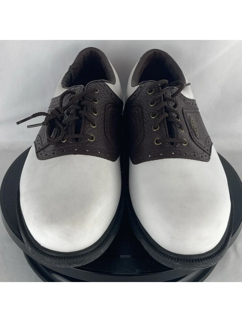 Men’s Size 10 FootJoy eComfort Golf Shoes White Brown Saddle Oxford Spikes